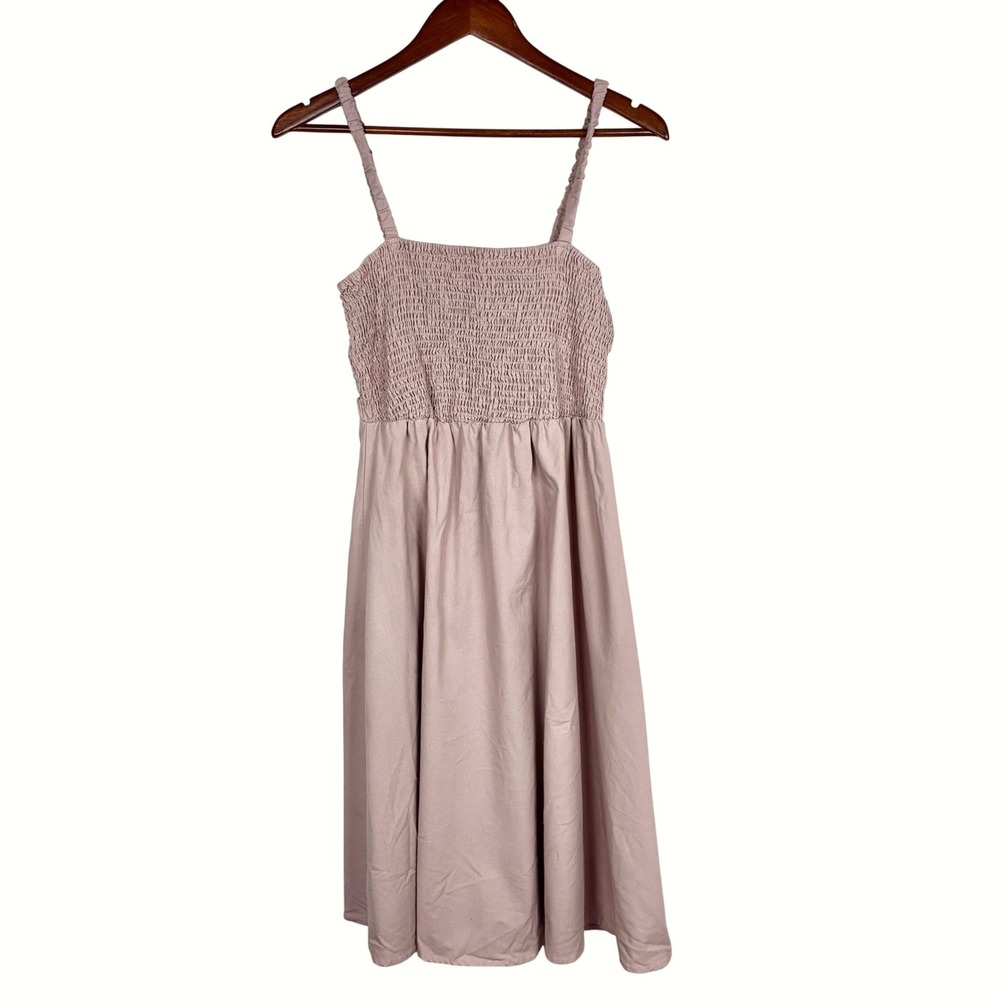 Womens Dress L Midi Linen Blend Smocked Cottage Minimalist Sleeveless Coquette